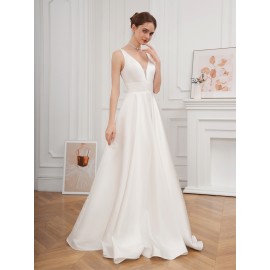 Elegant V-Neck Sleeveless A-Line Wedding Gown with Pencil Skirt and Exposed Back