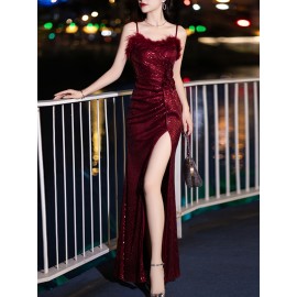 Elegant Black Sequin Evening Gown for Women - Luxurious Off-Shoulder, Sleeveless with Belt & Side Slit, Perfect for Parties & Banquets