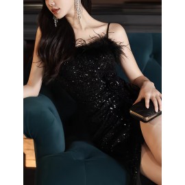 Elegant Black Sequin Evening Gown for Women - Luxurious Off-Shoulder, Sleeveless with Belt & Side Slit, Perfect for Parties & Banquets