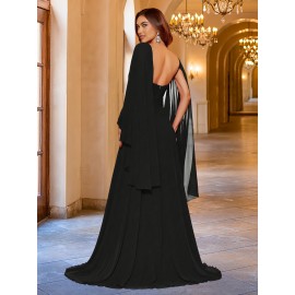 Elegant V-Neck Long Sleeve Sheer Shawl Dress with Exposed Back, Knit Fabric, A-Line Style, Solid Color, Super Long Length, All-Season Adult Dress