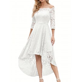 3/4 Sleeves Lace High-Low Off Shoulder Bridesmaid Dress, Cocktail Party Dress for Church Wedding Guest Formal Party