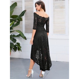 3/4 Sleeves Lace High-Low Off Shoulder Bridesmaid Dress, Cocktail Party Dress for Church Wedding Guest Formal Party