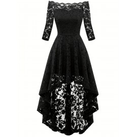 3/4 Sleeves Lace High-Low Off Shoulder Bridesmaid Dress, Cocktail Party Dress for Church Wedding Guest Formal Party