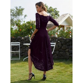 3/4 Sleeves Lace High-Low Off Shoulder Bridesmaid Dress, Cocktail Party Dress for Church Wedding Guest Formal Party