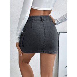Plain Flap Pockets Cargo Denim Mini Skirt, High Stretch Double Button Washed Denim Skirt, Women's Denim Clothing