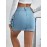 Plain Flap Pockets Cargo Denim Mini Skirt, High Stretch Double Button Washed Denim Skirt, Women's Denim Clothing