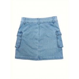 Plain Flap Pockets Cargo Denim Mini Skirt, High Stretch Double Button Washed Denim Skirt, Women's Denim Clothing