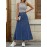 Plain Washed Blue Button Fly Casual Style A-line Maxi Denim Skirt, Women's Denim Jeans & Clothing