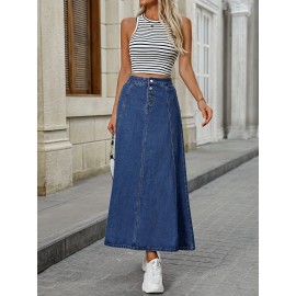 Plain Washed Blue Button Fly Casual Style A-line Maxi Denim Skirt, Women's Denim Jeans & Clothing