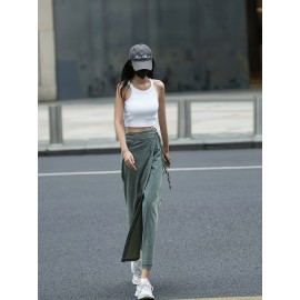 Women'S Elegant Denim Wrap Skirt - High Waist Lace-Up Slit Midi Skirt, Cotton Blend, Geometric Pattern, Woven Fabric, Non-Stretch for Spring/Summer/Fall