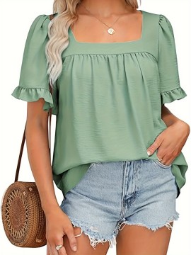 Vibrant Solid Color Square Neck Short Sleeve Blouse - Ruched Bust, Micro Elasticity, Machine Washable - Perfect for Mature Womens Casual Summer Clothing