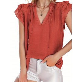 Women's Casual V Neck Tops Drawstring Short Sleeve T Shirt Blouses