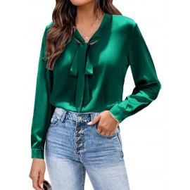 Women's Satin Silk Long Sleeve Blouse with Bow Tie Neck Office Work Wear Elegant Tops