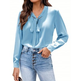 Women's Satin Silk Long Sleeve Blouse with Bow Tie Neck Office Work Wear Elegant Tops