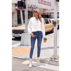 Women's Satin Silk Long Sleeve Blouse with Bow Tie Neck Office Work Wear Elegant Tops