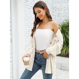Drop Shoulder Button Front Shirt, Casual Long Sleeve With Pocket Shirt For Spring & Fall, Women's Clothing