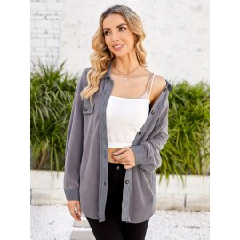 Drop Shoulder Button Front Shirt, Casual Long Sleeve With Pocket Shirt For Spring & Fall, Women's Clothing