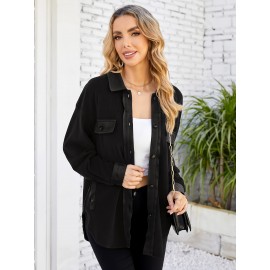 Drop Shoulder Button Front Shirt, Casual Long Sleeve With Pocket Shirt For Spring & Fall, Women's Clothing