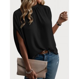 Womens Elegant Pintuck Batwing Sleeve Blouse - High Neck, Micro Elasticity, Solid Color, Machine Washable, Casual Top for Spring & Fall - Tooluck Brand
