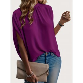 Womens Elegant Pintuck Batwing Sleeve Blouse - High Neck, Micro Elasticity, Solid Color, Machine Washable, Casual Top for Spring & Fall - Tooluck Brand