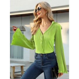Solid Pleated V Neck Blouse, Casual Button Front Bell Sleeve Blouse For Spring & Fall, Women's Clothing